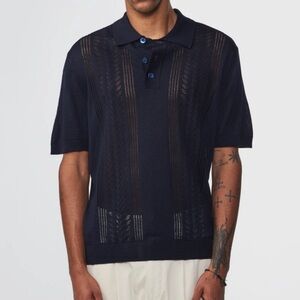 NN. 07 Thor Short Sleeve Knit Polo Shirt Mens L Navy Blue Wool Blend 6539